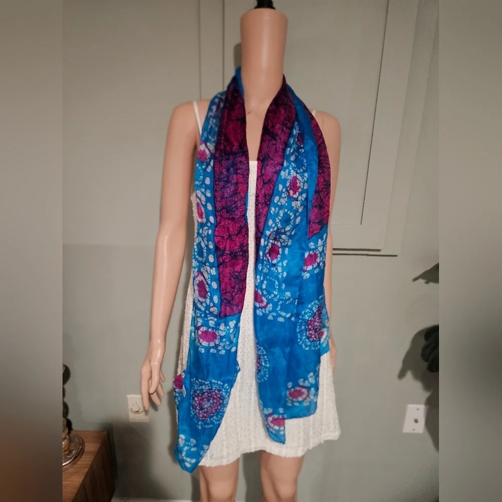 100% Pure Silk Batik Scarf Wrap – Made in India Blue Pink Boho